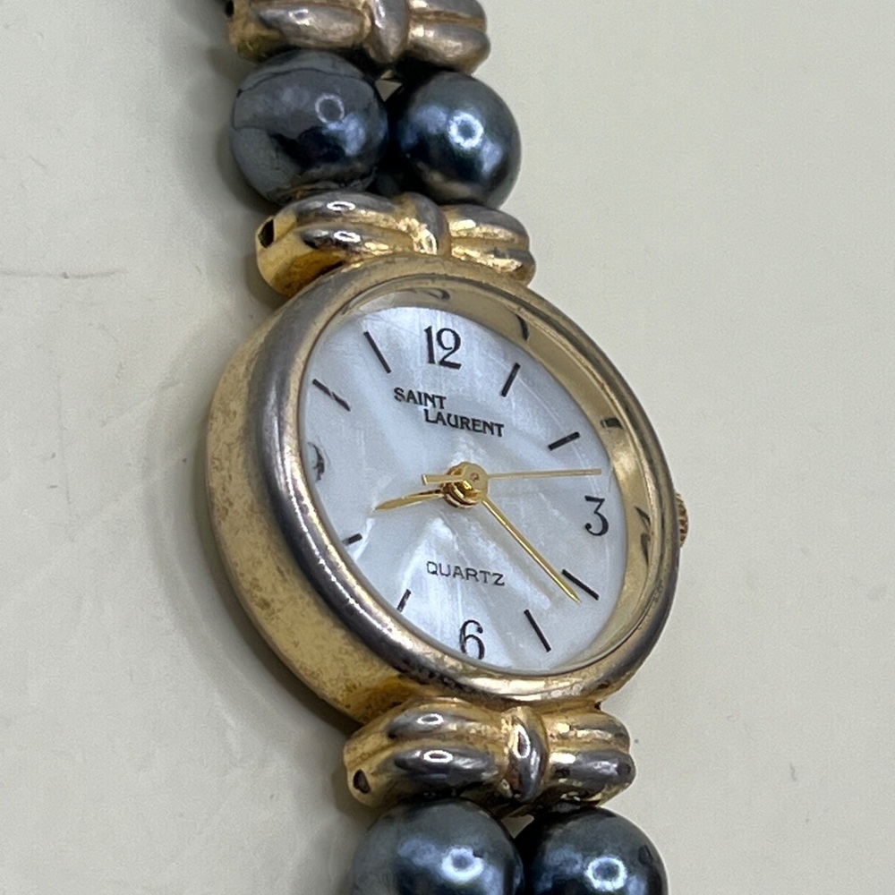 Vtg Saint Laurent Quartz Watch Swiss Movt Gold Tone Faux Pearl Bracelet MOP Dial - Picture 9 of 17